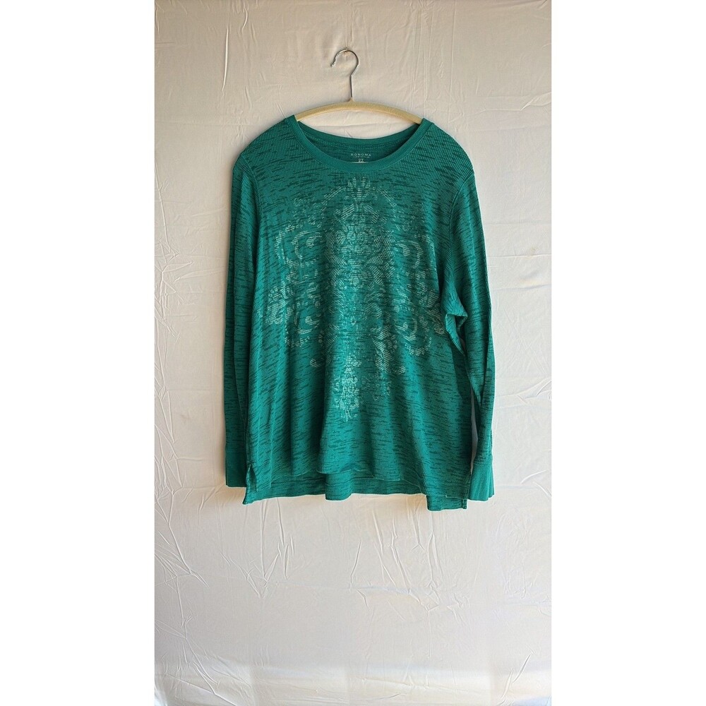 Sonoma Life + Style Teal Waffle Knit Graphic Long Sleeve Top - 2X